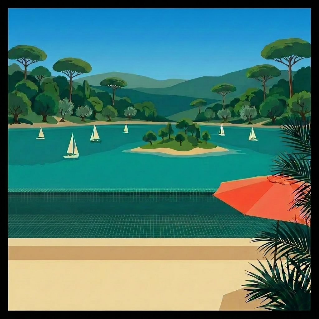 Cartel ilustrado de pool party con piscina, embalse y sombrilla terracota